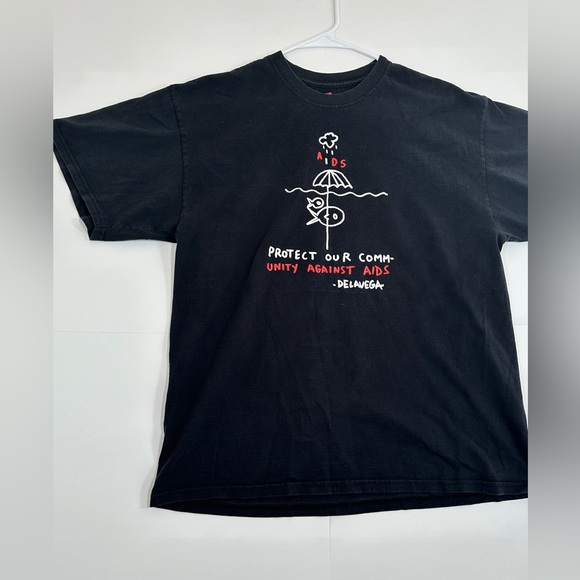 Aids Stick Drawing Protect Community DELAVEGA T-Shirt Adult Black Men Large Tee - Picture 2 of 8